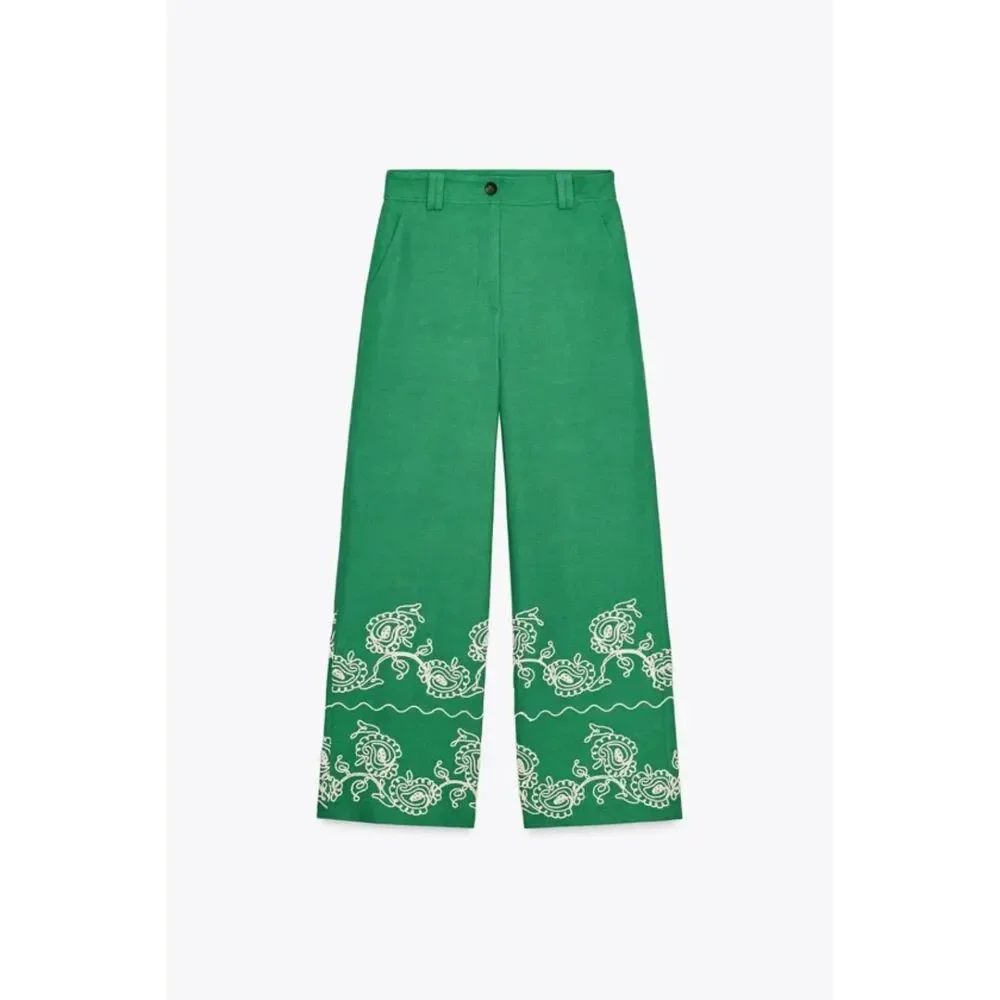 Zara Green White Linen-Blend Embroidered Flat Front Wide Leg Pants (NWT)
